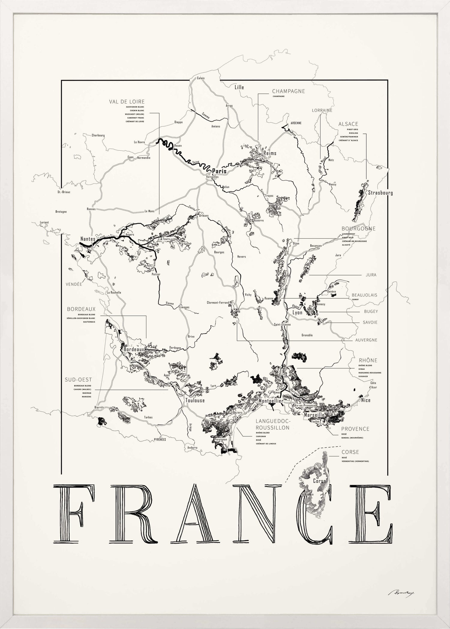 France Wine map poster. Exclusive wine map posters. Premium quality wine maps printed on environmentally friendly FSC marked paper. 