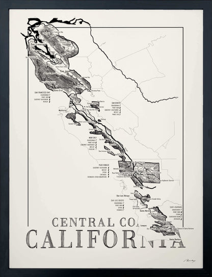 Central Coast Californa Wine map poster. Exclusive wine map posters. Premium quality wine maps printed on environmentally friendly FSC marked paper. 