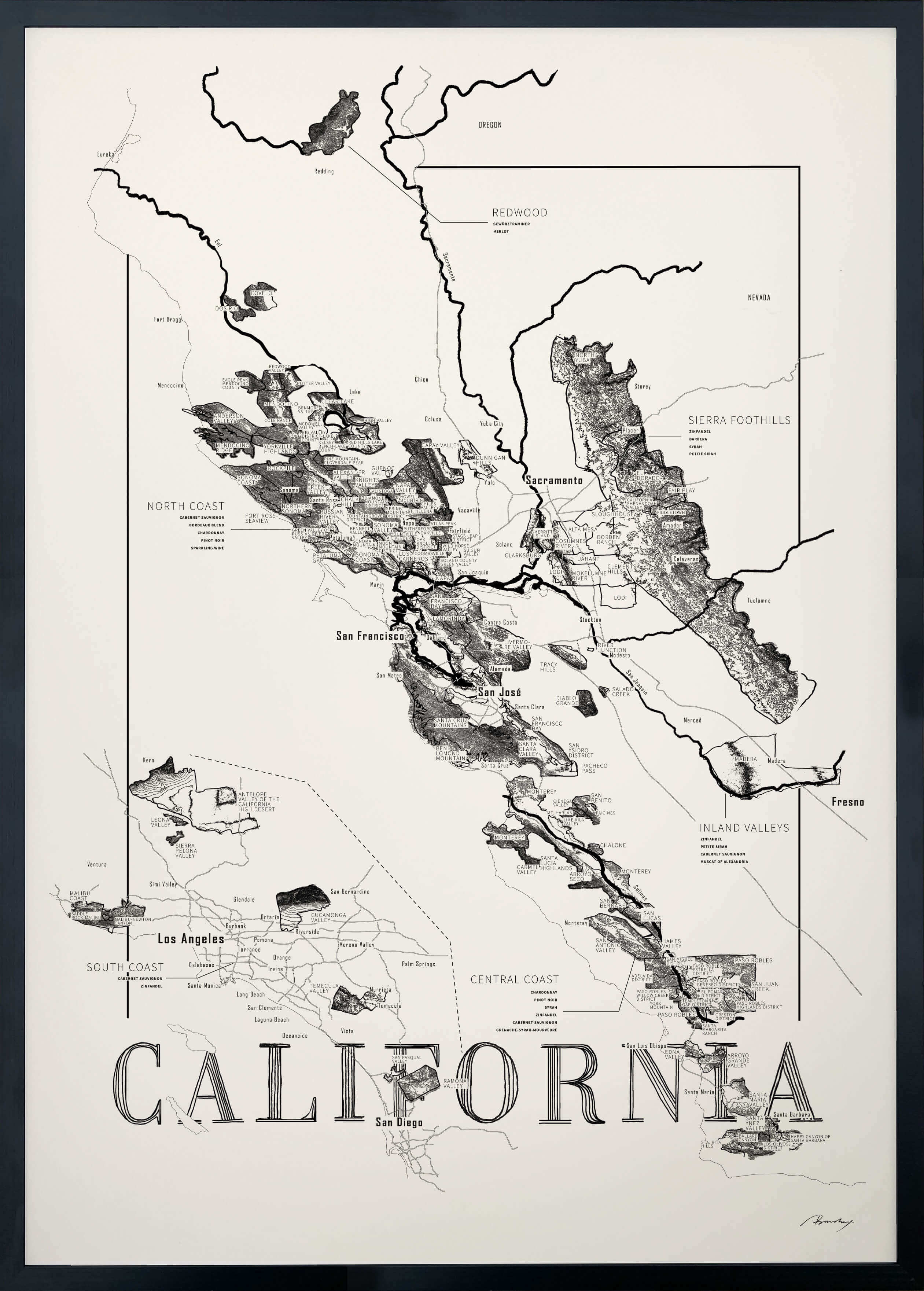 California Wine map poster. Exclusive wine map posters. Premium quality wine maps printed on environmentally friendly FSC marked paper. 