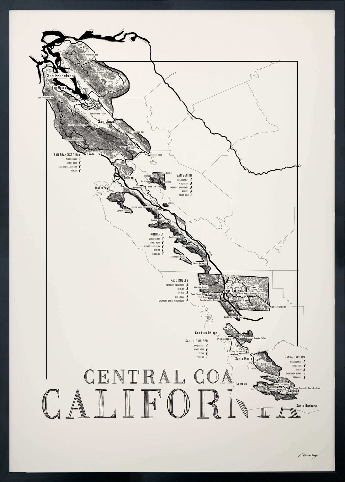 Central Coast Californa Wine map poster. Exclusive wine map posters. Premium quality wine maps printed on environmentally friendly FSC marked paper. 