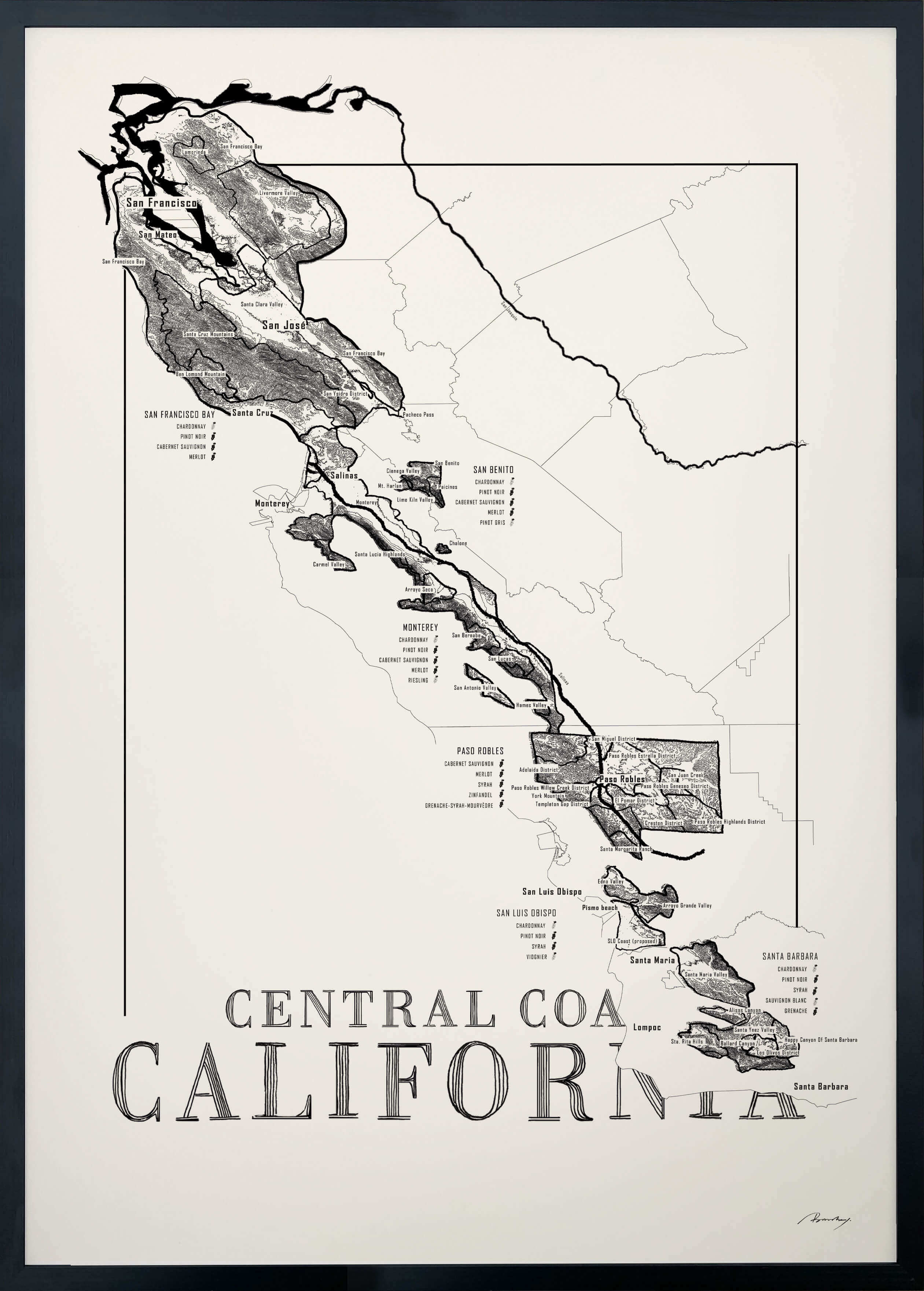 Central Coast Californa Wine map poster. Exclusive wine map posters. Premium quality wine maps printed on environmentally friendly FSC marked paper. 