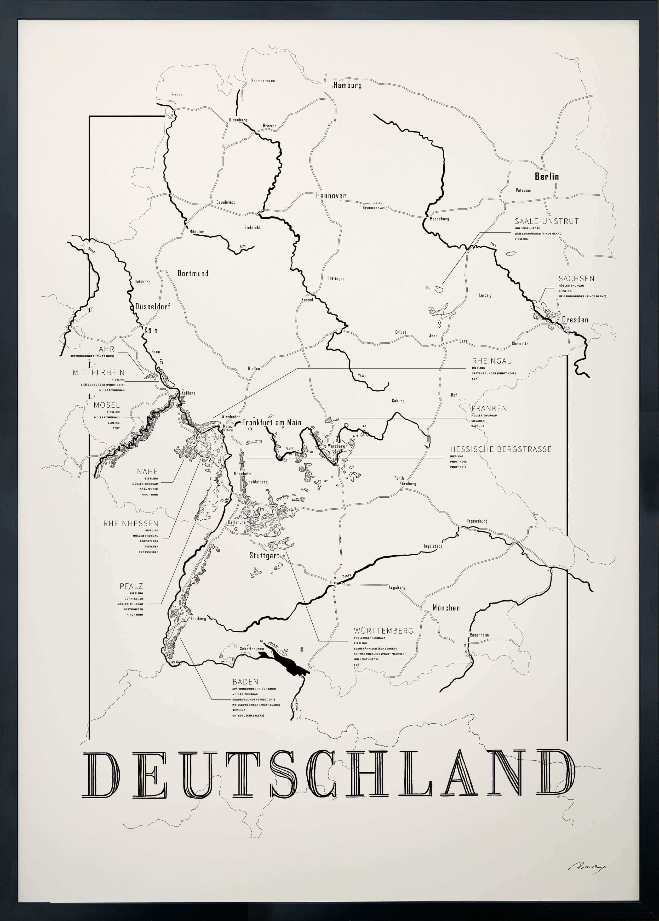 Germany Wine map poster. Exclusive wine map posters. Premium quality wine maps printed on environmentally friendly FSC marked paper. 