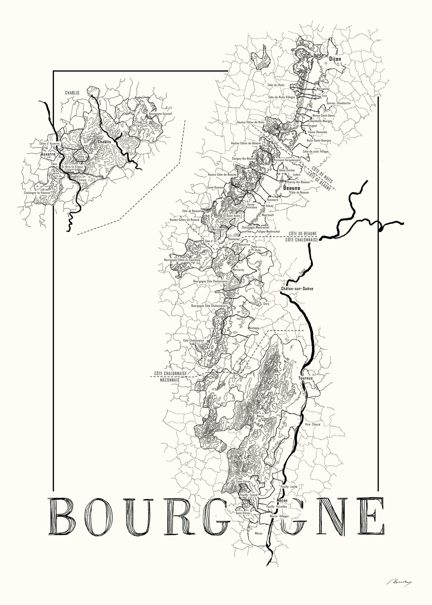 Bourgogne Wine map poster. Exclusive wine map posters. Premium quality wine maps printed on environmentally friendly FSC marked paper. 