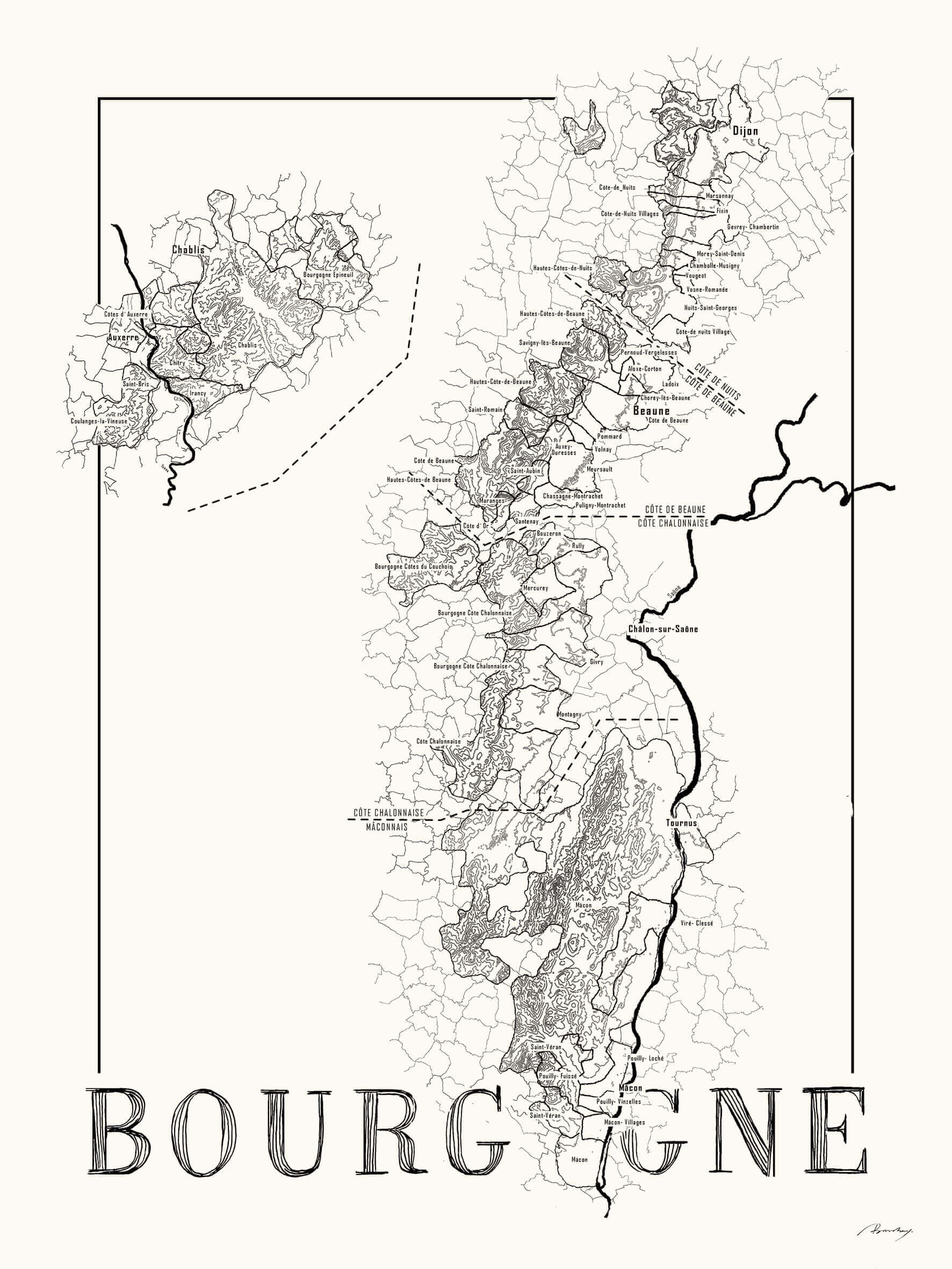 Bourgogne Wine map poster. Exclusive wine map posters. Premium quality wine maps printed on environmentally friendly FSC marked paper. 