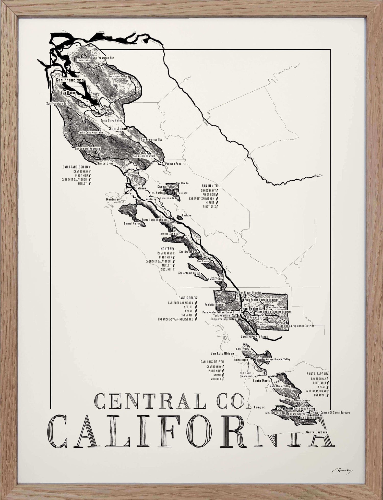 Central Coast Californa Wine map poster. Exclusive wine map posters. Premium quality wine maps printed on environmentally friendly FSC marked paper. 