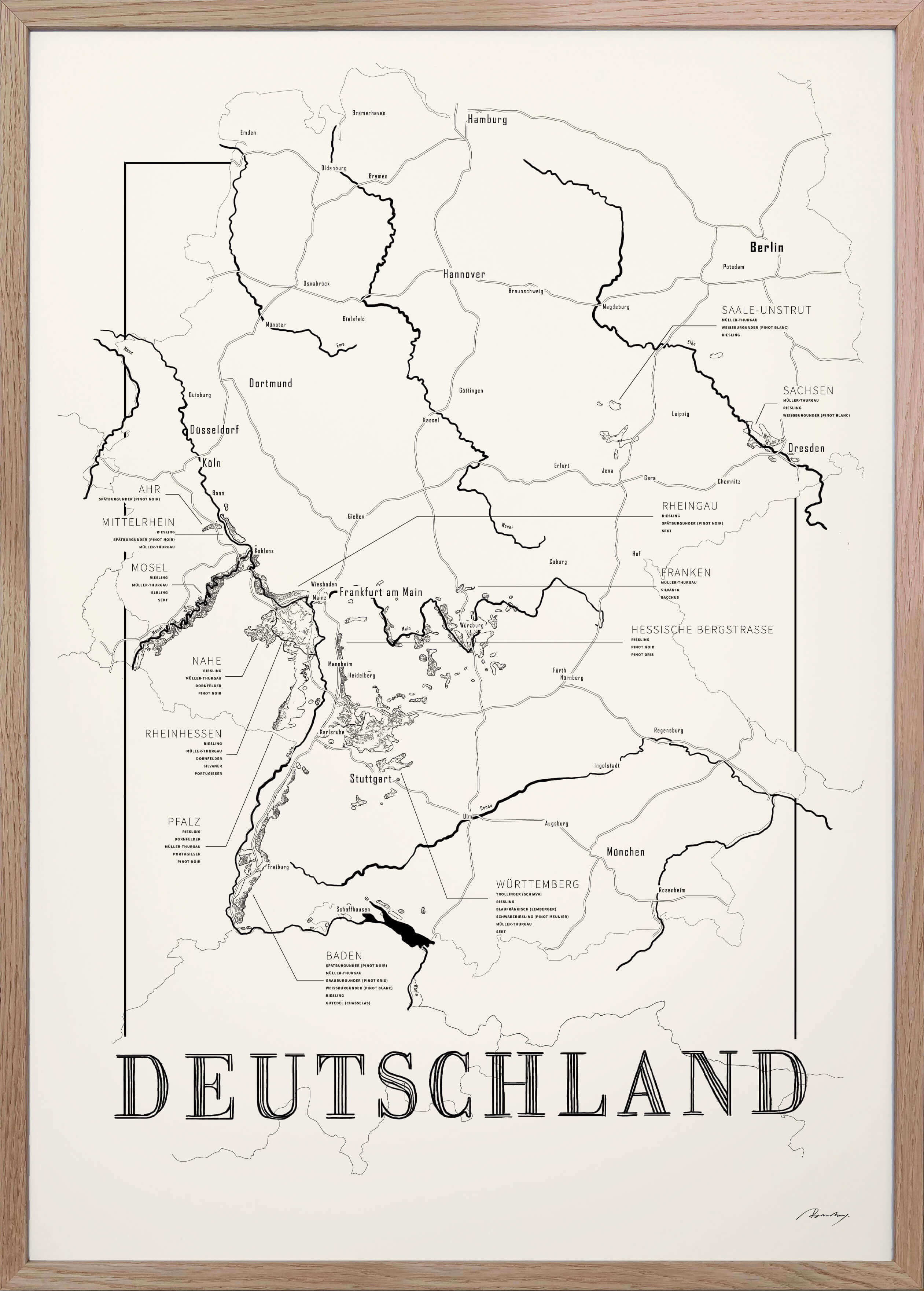 Germany Wine map poster. Exclusive wine map posters. Premium quality wine maps printed on environmentally friendly FSC marked paper. 