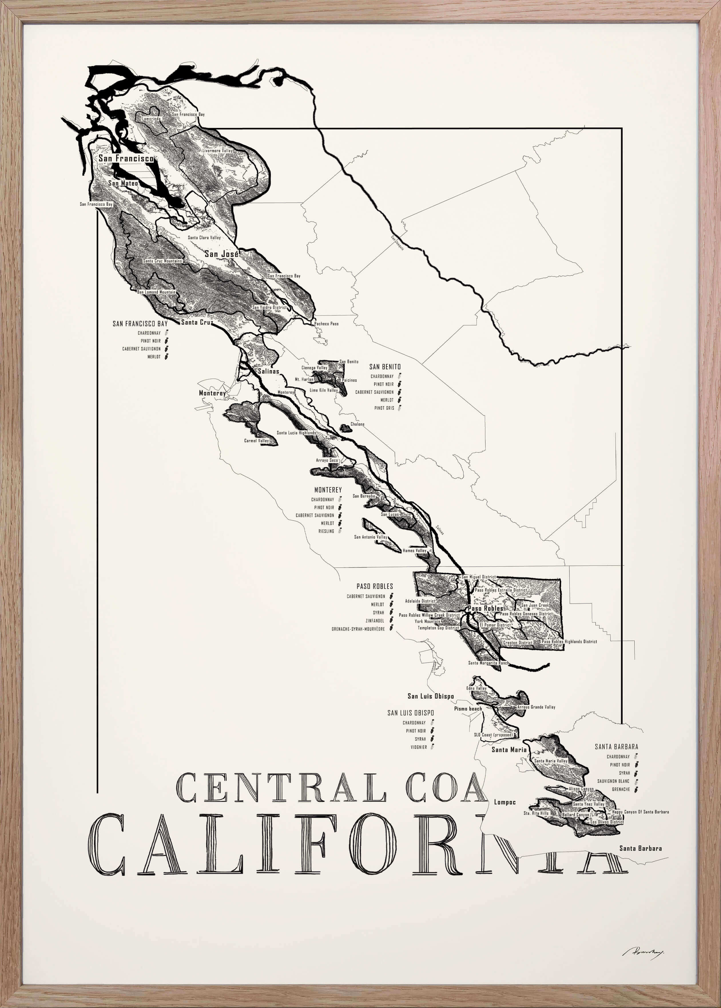 Central Coast Californa Wine map poster. Exclusive wine map posters. Premium quality wine maps printed on environmentally friendly FSC marked paper. 