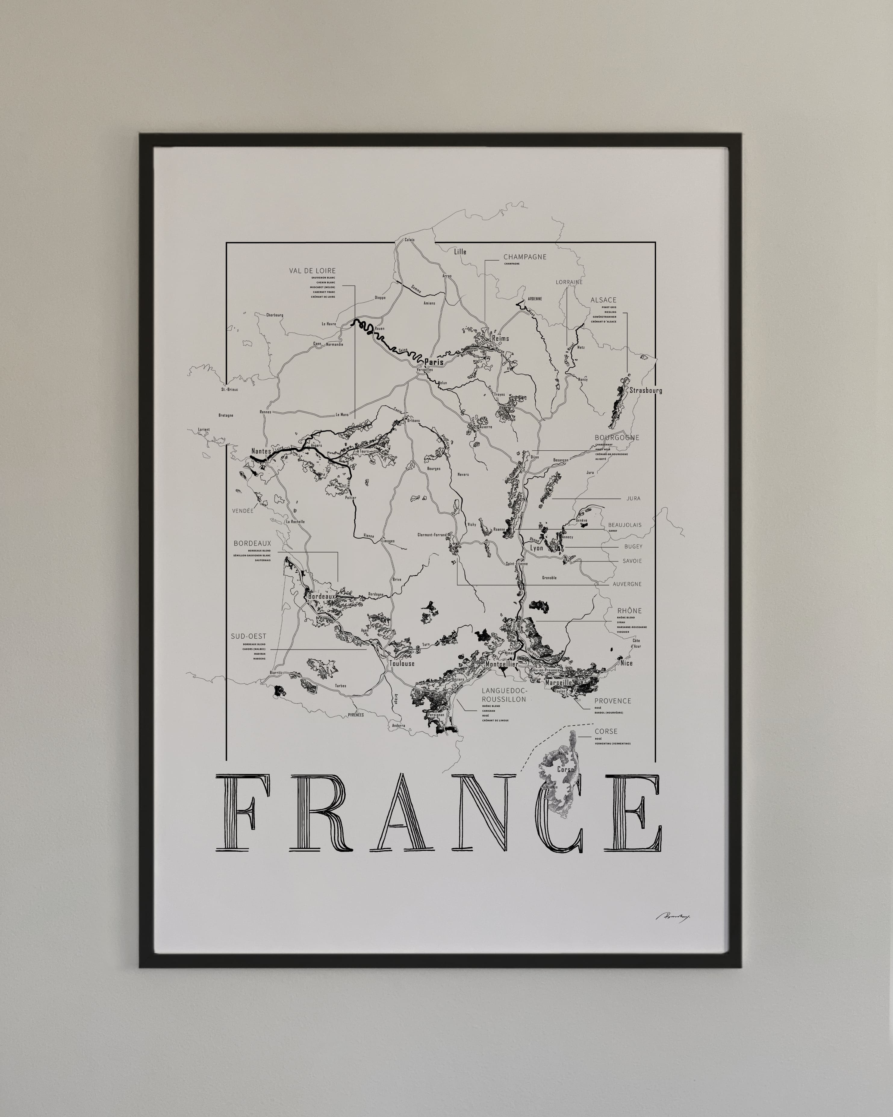 France Wine map poster. Exclusive wine map posters. Premium quality wine maps printed on environmentally friendly FSC marked paper. 