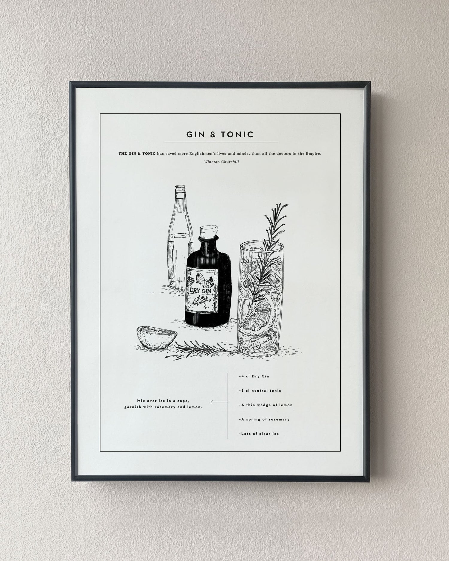 Gin &amp; Tonic drink recipe poster. Exclusive kitchen posters. Premium quality art prints, printed on environmentally friendly FSC marked paper. 