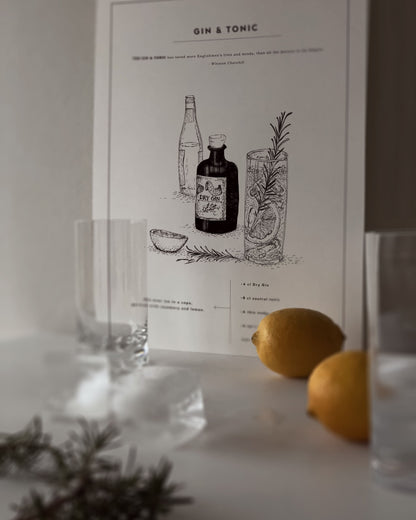 Gin &amp; Tonic drink recipe poster. Exclusive kitchen posters. Premium quality art prints, printed on environmentally friendly FSC marked paper. 