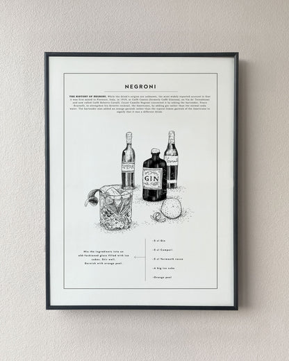 Negroni recipe. Exclusive kitchen posters. Premium quality art prints, printed on environmentally friendly FSC marked paper. 