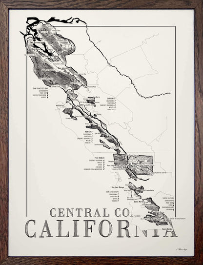 Central Coast Californa Wine map poster. Exclusive wine map posters. Premium quality wine maps printed on environmentally friendly FSC marked paper. 