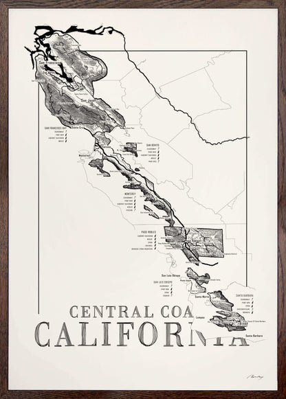 Central Coast Californa Wine map poster. Exclusive wine map posters. Premium quality wine maps printed on environmentally friendly FSC marked paper. 