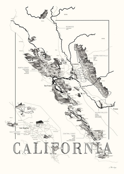 California Wine map poster. Exclusive wine map posters. Premium quality wine maps printed on environmentally friendly FSC marked paper. 