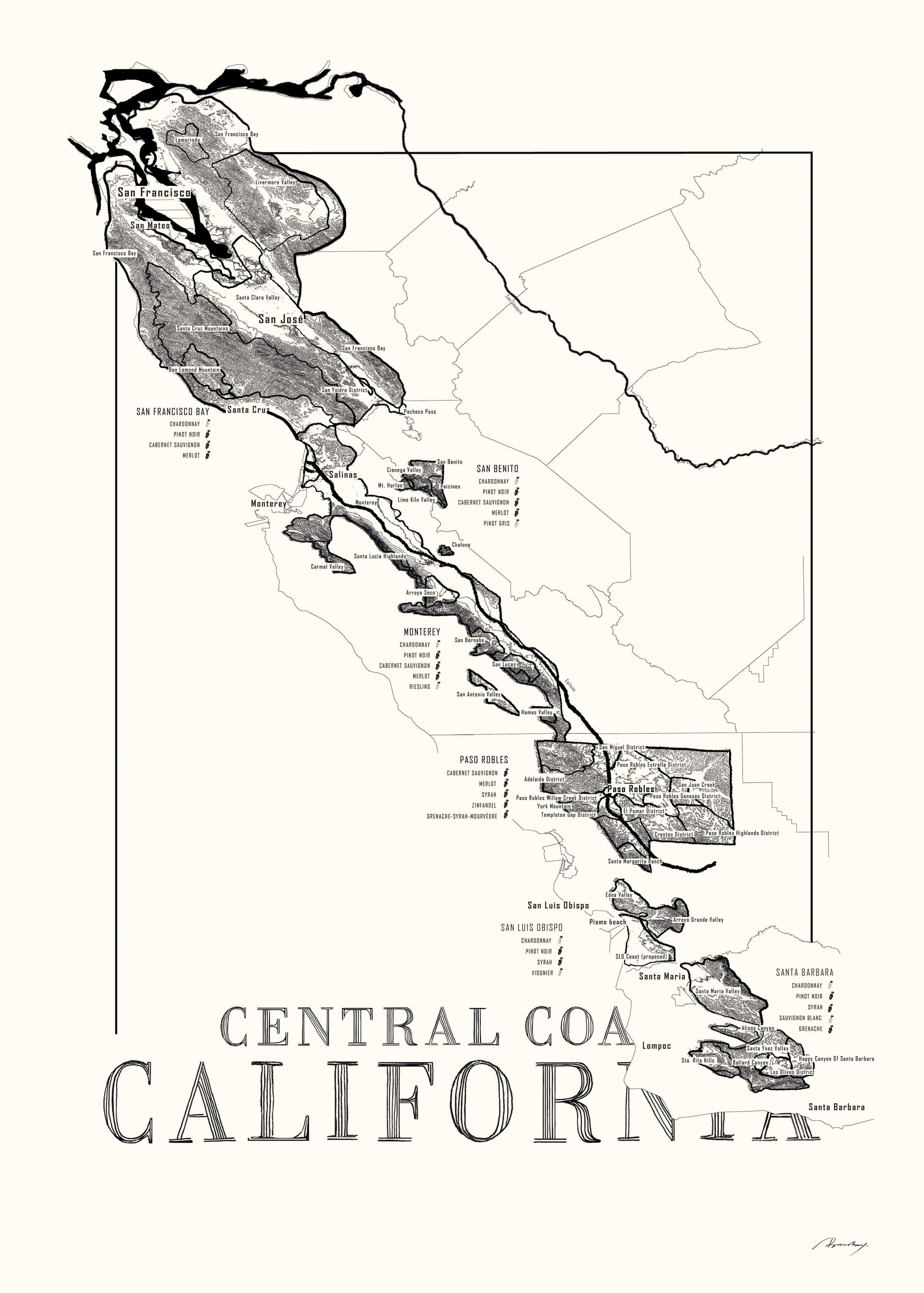 Central Coast Californa Wine map poster. Exclusive wine map posters. Premium quality wine maps printed on environmentally friendly FSC marked paper. 