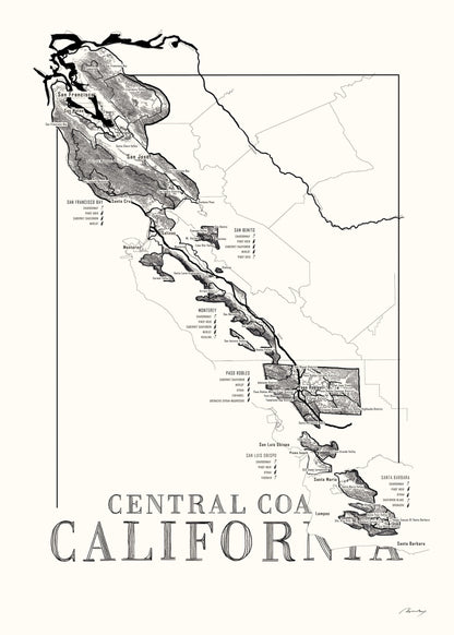 Central Coast Californa Wine map poster. Exclusive wine map posters. Premium quality wine maps printed on environmentally friendly FSC marked paper. 