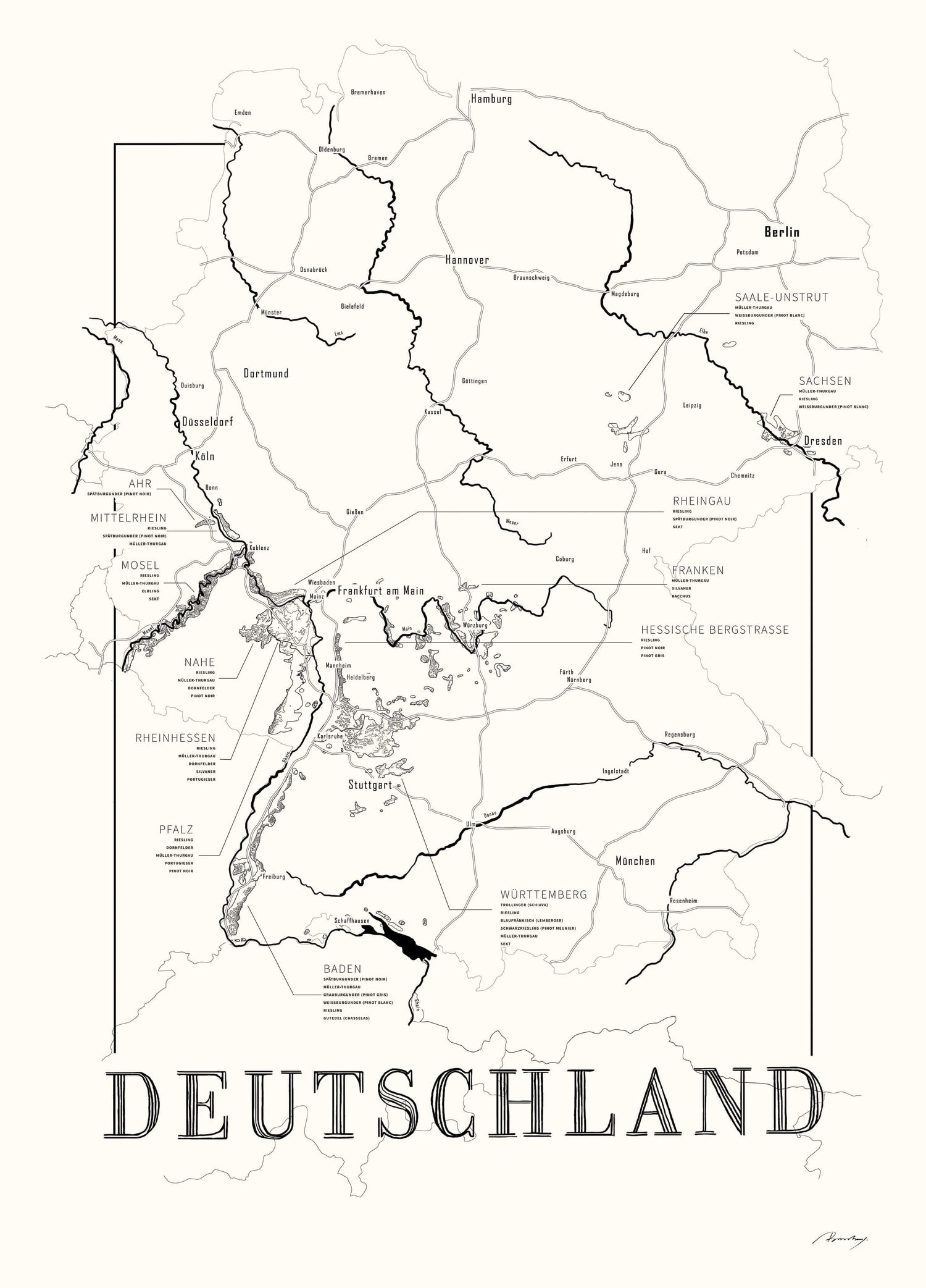 Germany Wine map poster. Exclusive wine map posters. Premium quality wine maps printed on environmentally friendly FSC marked paper. 