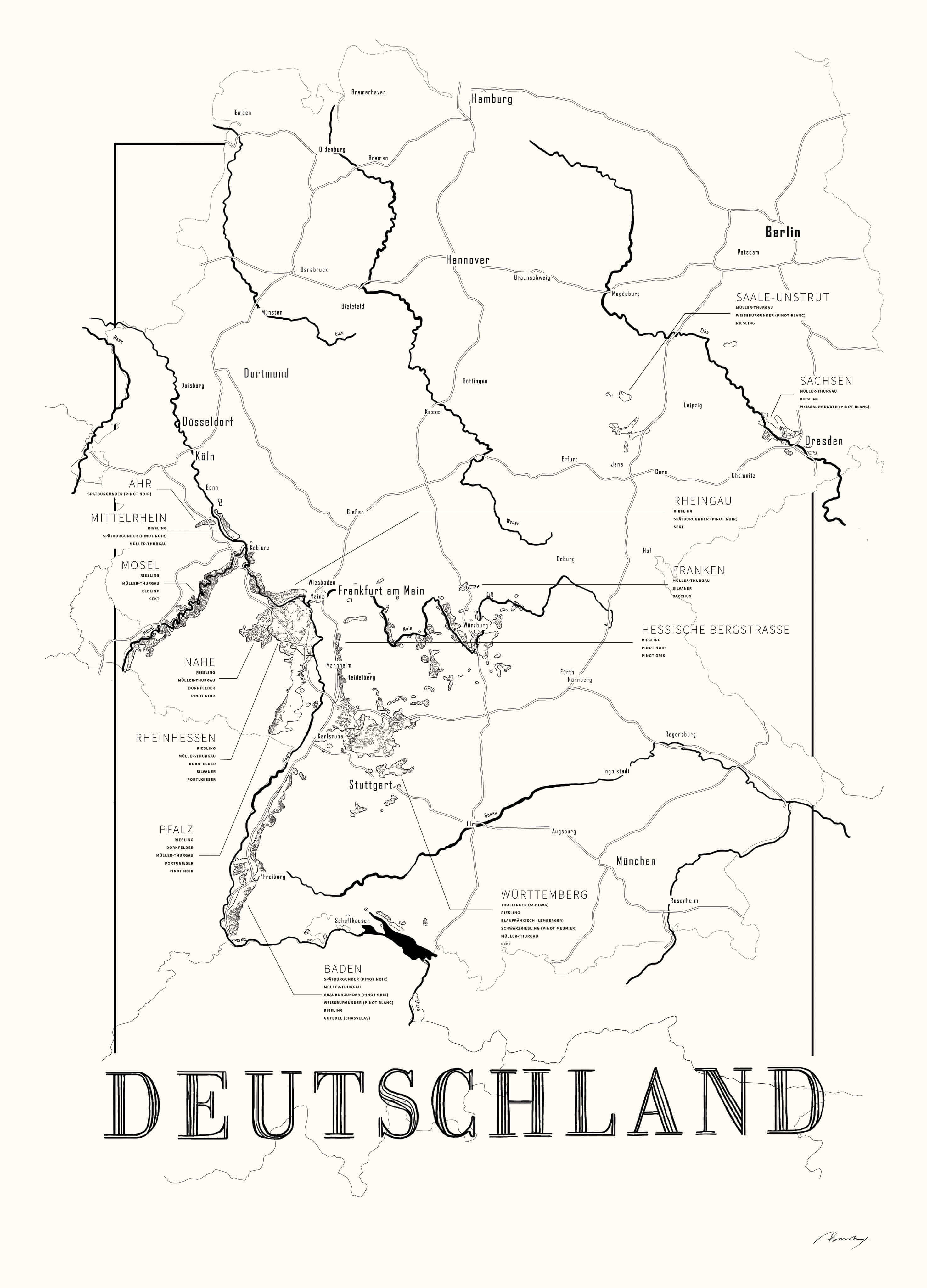 Germany Wine map poster. Exclusive wine map posters. Premium quality wine maps printed on environmentally friendly FSC marked paper. 