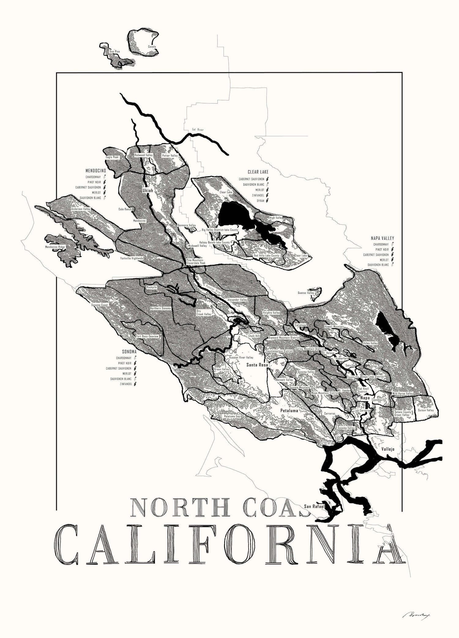 North Coast California Wine map poster. Exclusive wine map posters. Premium quality wine maps printed on environmentally friendly FSC marked paper. 