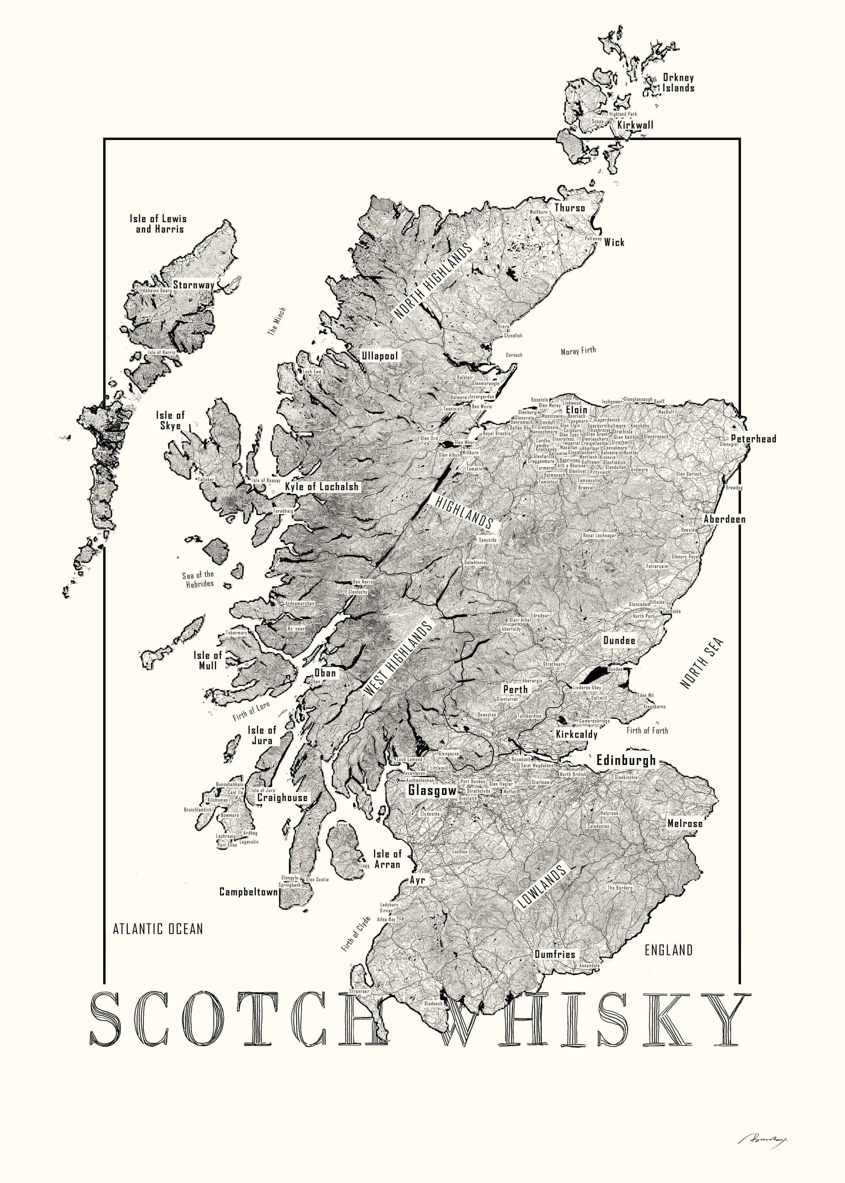 Scotch region whisky map poster. Exclusive wine map posters. Premium quality wine maps printed on environmentally friendly FSC marked paper.