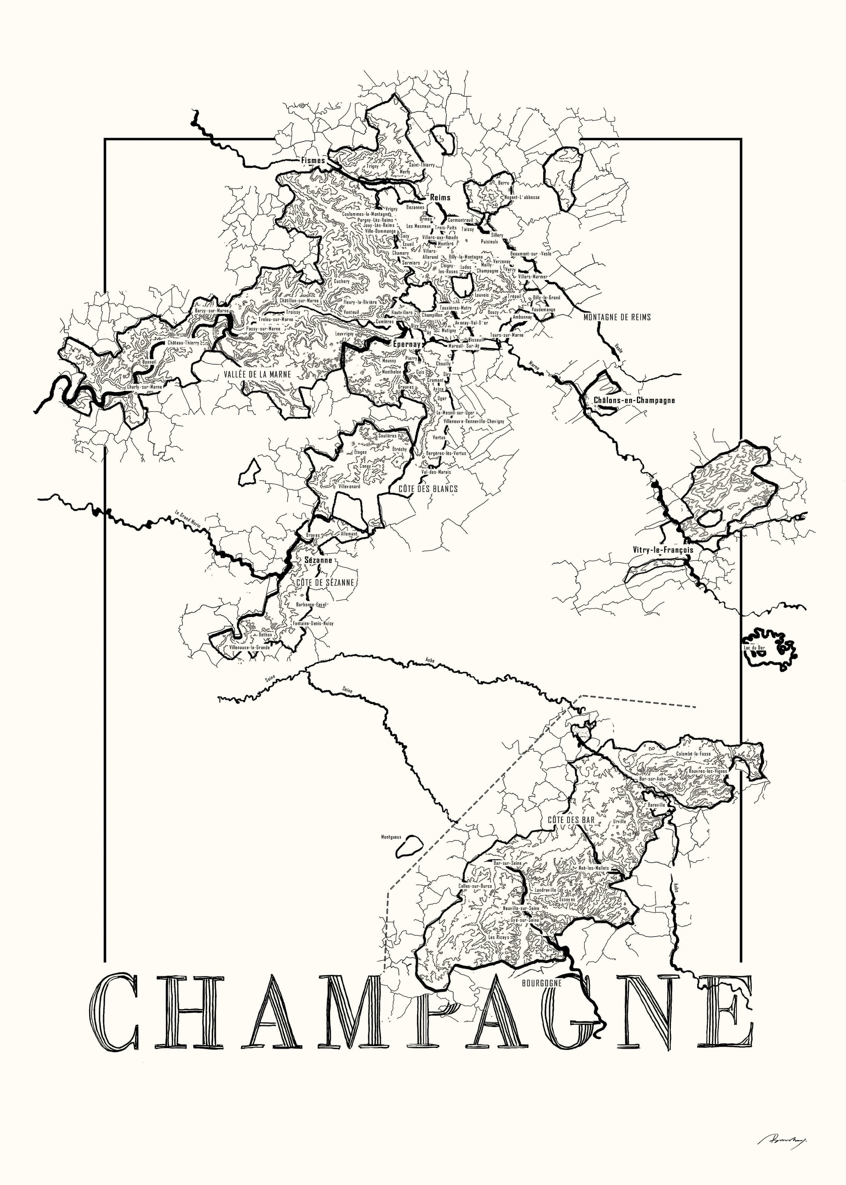 Champagne Wine map poster. Exclusive wine map posters. Premium quality wine maps printed on environmentally friendly FSC marked paper. 