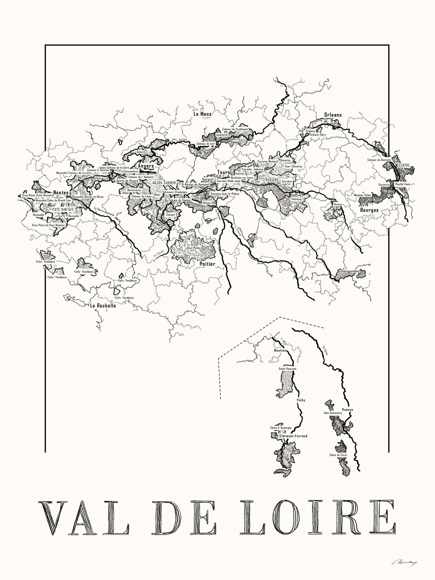 Loire Wine map poster. Exclusive wine map posters. Premium quality wine maps printed on environmentally friendly FSC marked paper. 