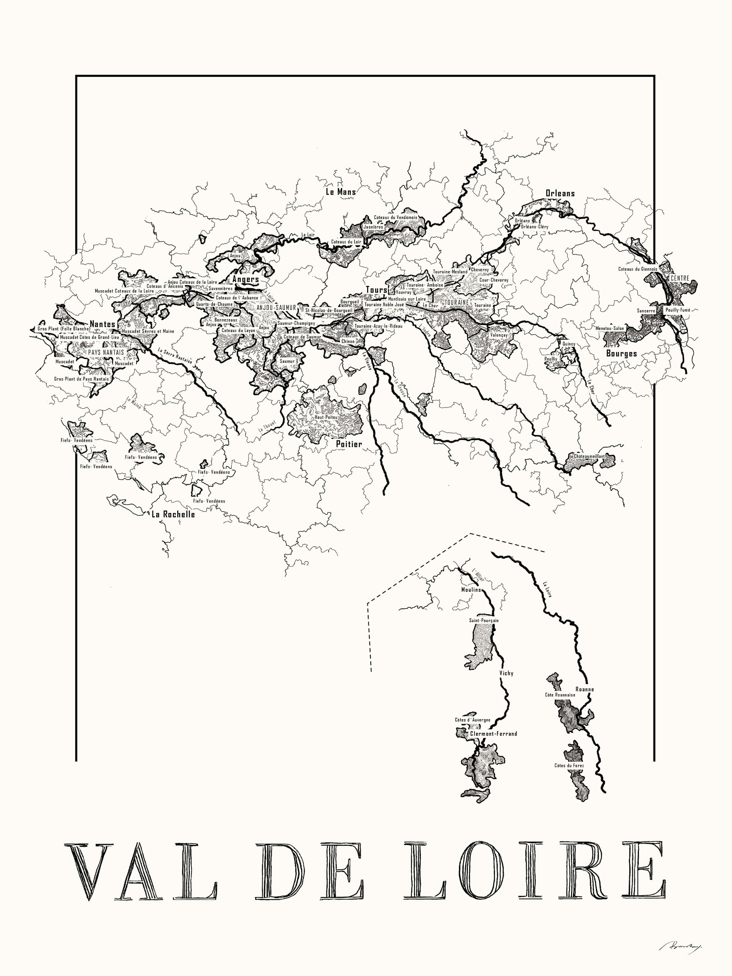 Loire Wine map poster. Exclusive wine map posters. Premium quality wine maps printed on environmentally friendly FSC marked paper. 