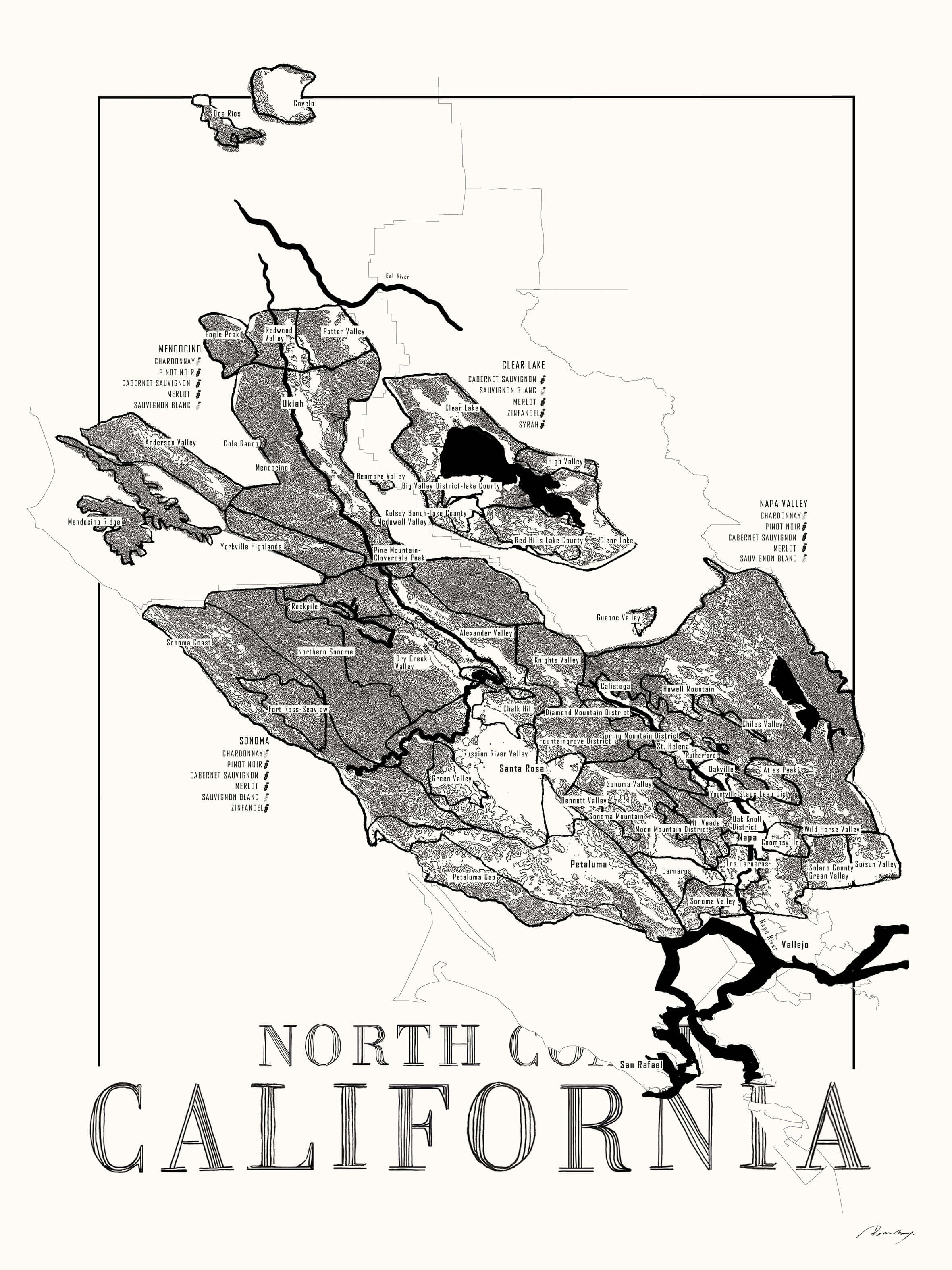 North Coast California Wine map poster. Exclusive wine map posters. Premium quality wine maps printed on environmentally friendly FSC marked paper. 