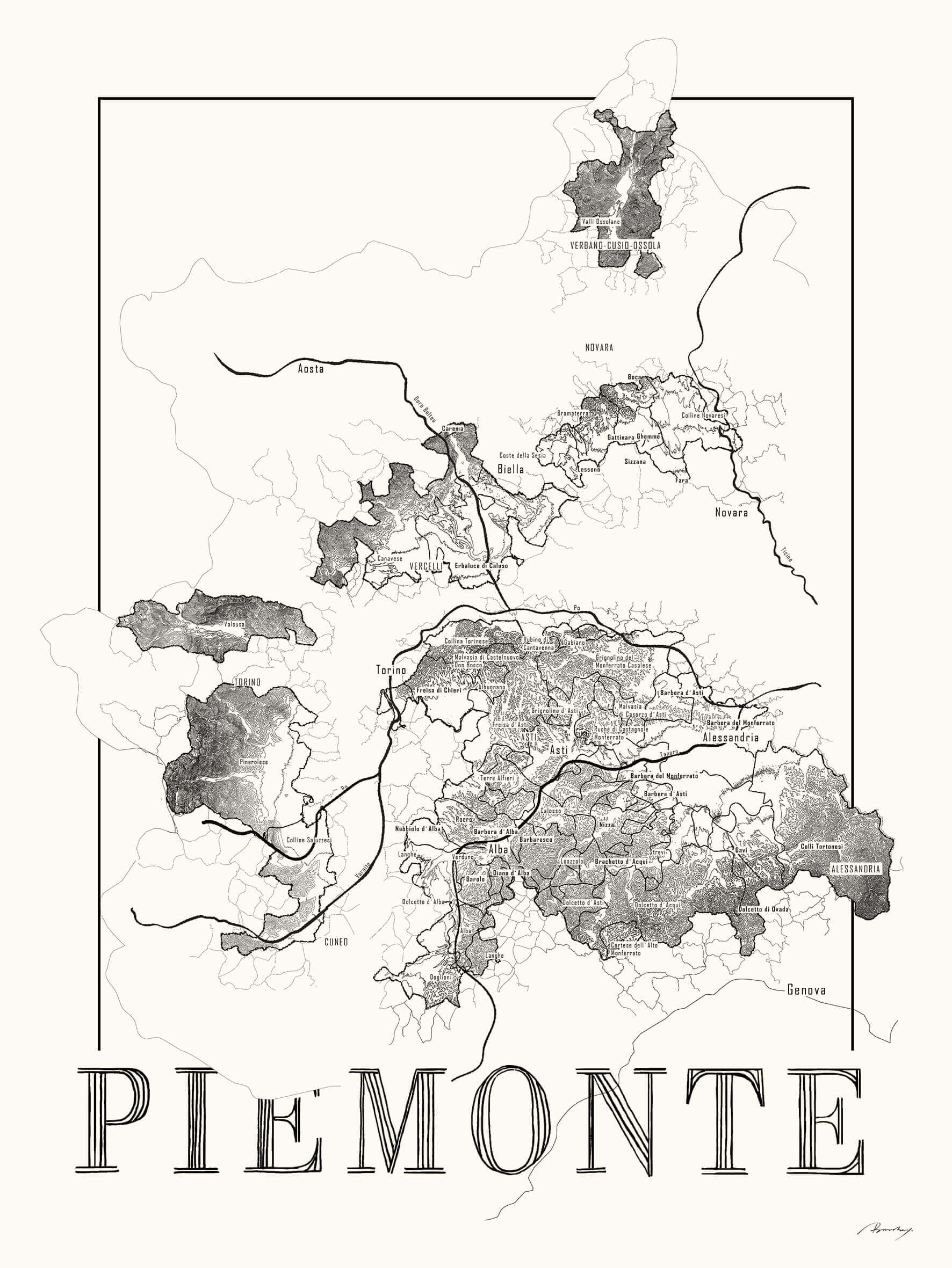 Piemonte Wine map poster. Exclusive wine map posters. Premium quality wine maps printed on environmentally friendly FSC marked paper. 