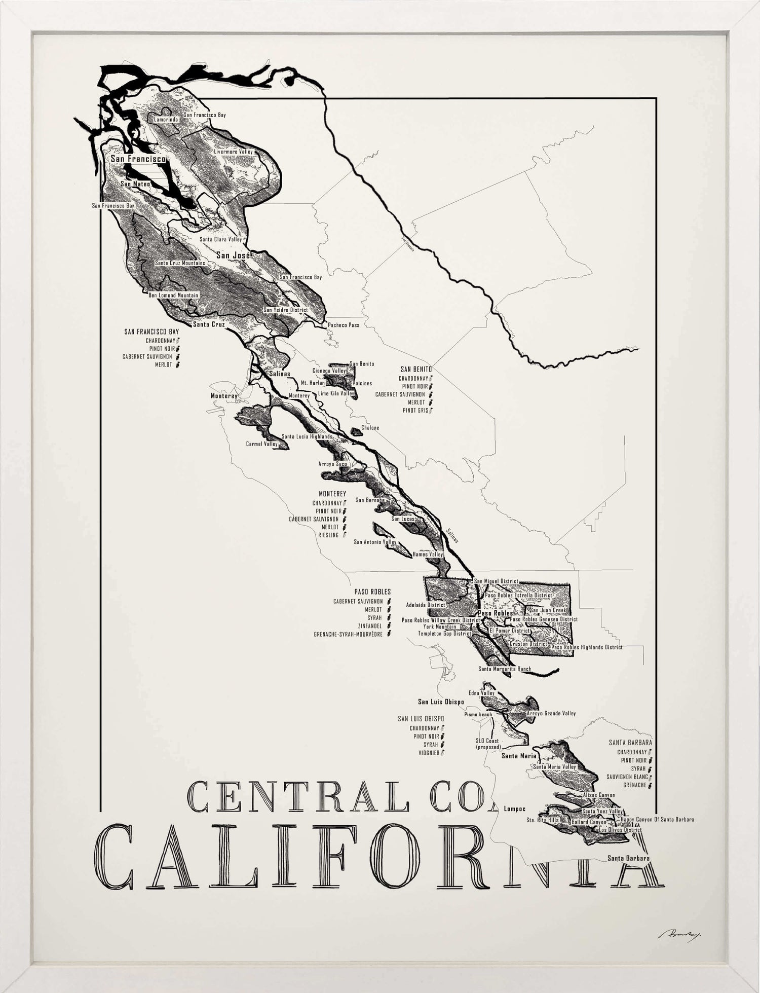 Central Coast Californa Wine map poster. Exclusive wine map posters. Premium quality wine maps printed on environmentally friendly FSC marked paper. 