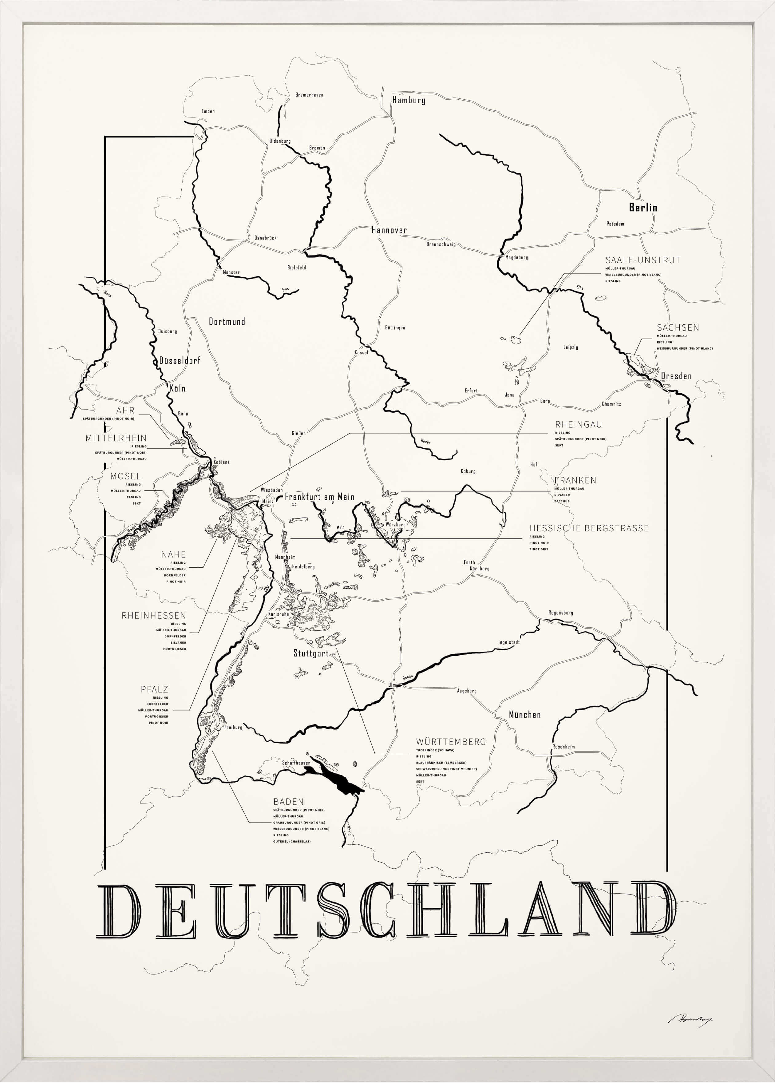 Germany Wine map poster. Exclusive wine map posters. Premium quality wine maps printed on environmentally friendly FSC marked paper. 