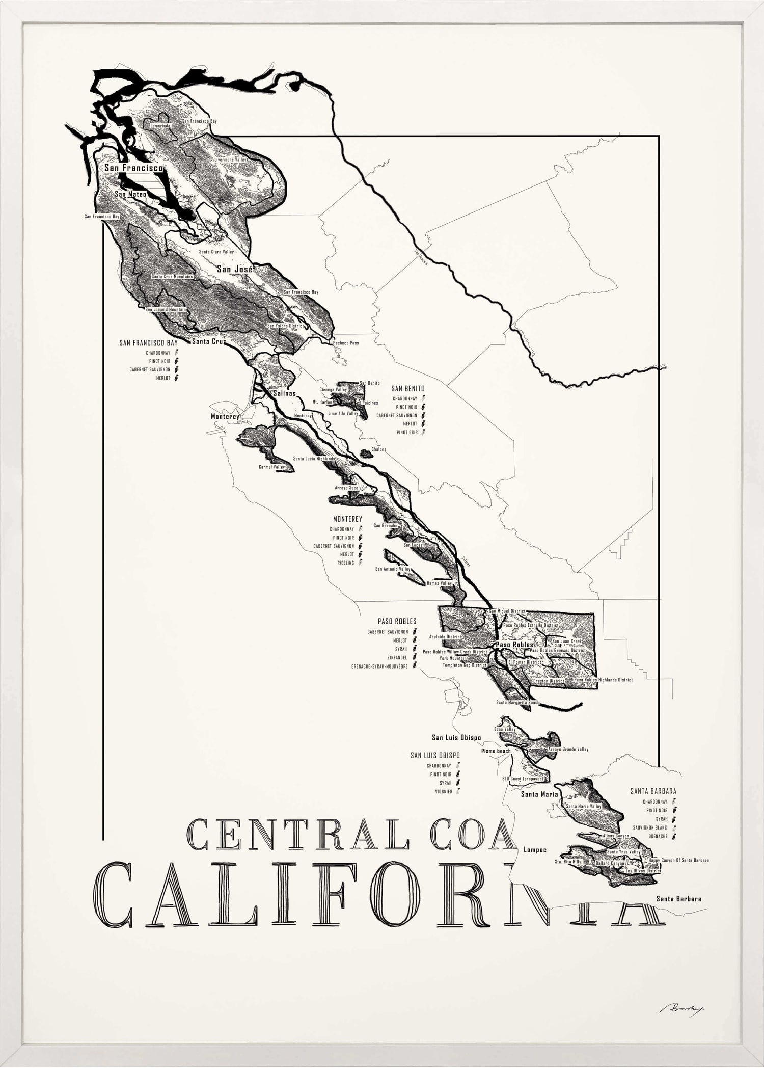 Central Coast Californa Wine map poster. Exclusive wine map posters. Premium quality wine maps printed on environmentally friendly FSC marked paper. 